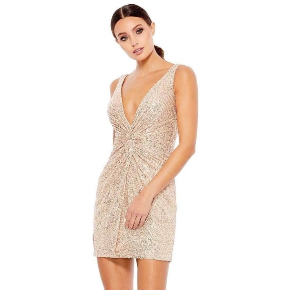 NWT Mac Duggal 26496 Sleeveless Sequin Twist-Front Mini Dress in Gold